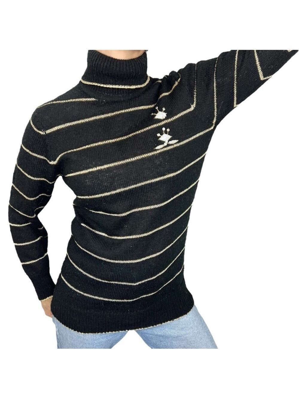 Vintage 90s black metallic gold stripe embroidered turtleneck sweater